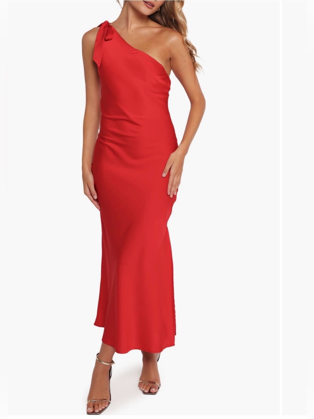 Petal & Pup One-Shoulder Red Column Dress with Bow
